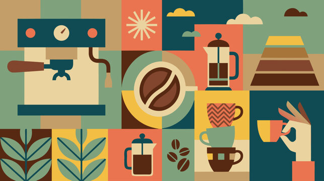 Abstract Coffee Concept Vector Illustration, Flat Geometric Mosaic Art Style with Espresso Machine, French Press, Stacked Cups, Hand Holding Mug, Pyramid Chart, and Coffee Beans