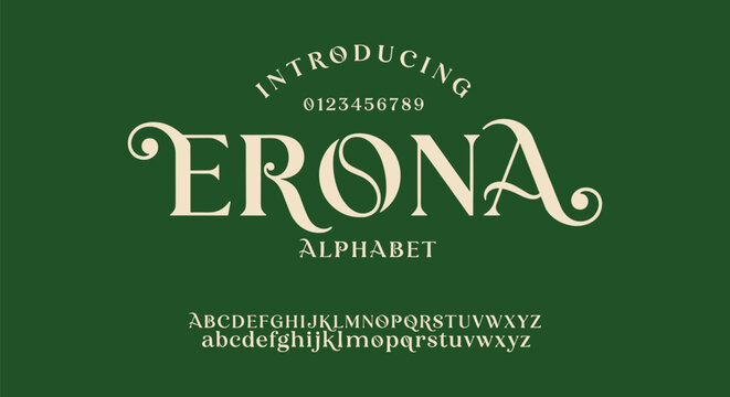 Erona alphabet typeface with decorative flourishes on a dark green background