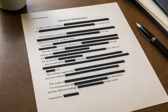 Confidential document with redacted text on office desk indicating investigation and privacy concerns