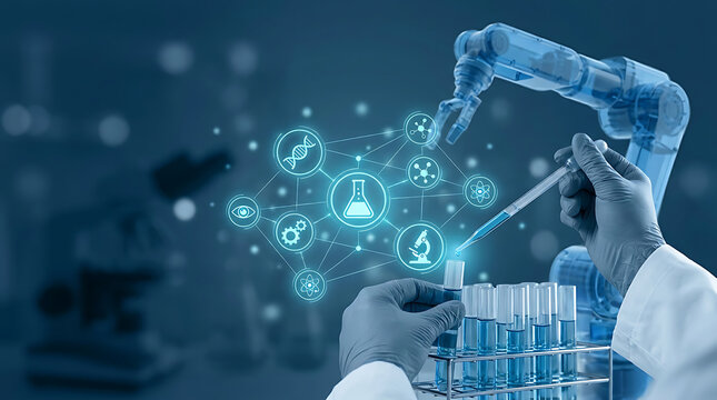 Robotic arm and scientist hands working with test tubes in a laboratory with glowing medical, chemical, and dna research icons