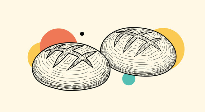 Vintage-style sketch of two round crusty bread loaves on light background with colored abstract shapes for bakery menu.