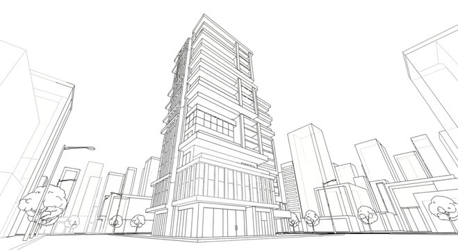 Modern city skyscraper architectural wireframe drawing. 3D urban building concept blueprint design illustration.