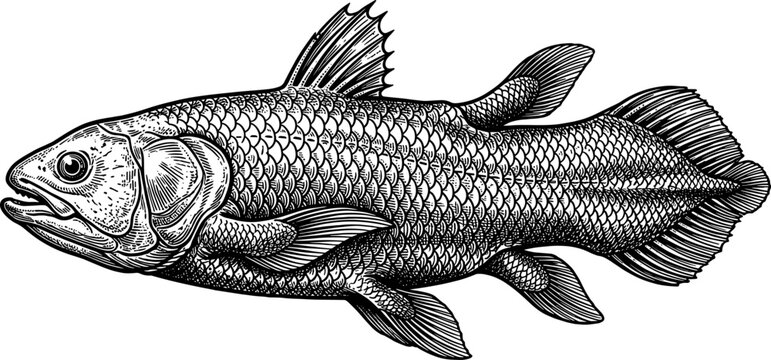 Detailed coelacanth fish illustration in woodcut engraving style
