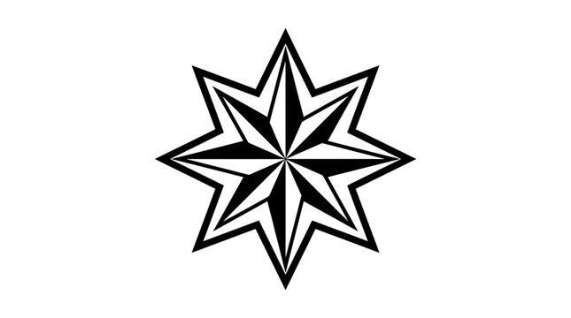 Geometric eight-pointed star graphic design element. Stylized black octagram symbol with sharp edges, abstract decorative illustration.