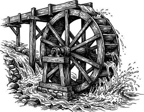 Dynamic water wheel splashing in fast moving river stream