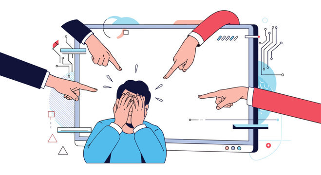 Conceptual illustration depicts social pressure and cyberbullying through multiple hands pointing accusingly at a distressed person.