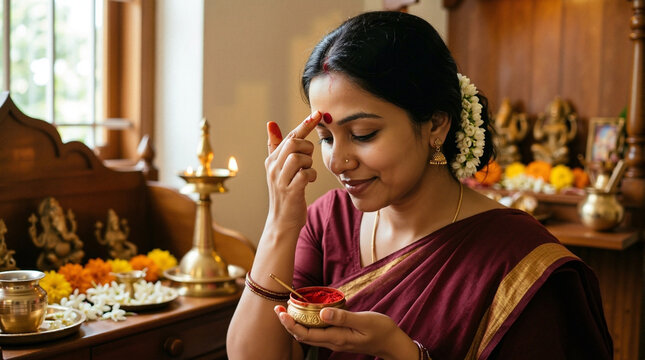 Traditional Hindu celebration with woman applying tilak on forehead during festival in beautifully decorated space. Hindu festival setup includes ornate deity idols, flowers, and traditional items.