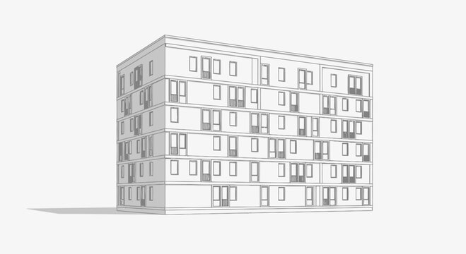 Modern minimalist 3D rendering of a multi-story residential apartment building or condominium structure in an architectural sketch style.