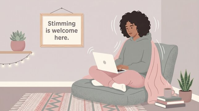 Neurodiversity and Autism Awareness Vector Illustration of Woman Working on Laptop with Stimming is Welcome Here Sign in Cozy Room