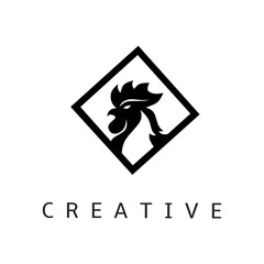 Bold rooster head logo enclosed in a sharp diamond frame with modern minimalist typography. Monochromatic vector icon ideal for restaurant branding, organic farming, and food industries © pramurti