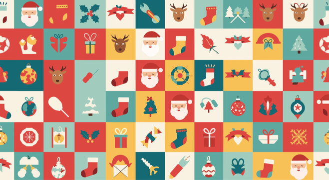 Colorful holiday pattern consists of various Christmas icons including Santa Claus, reindeer, stockings, and trees in a grid layout.