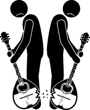 Two sad people holding broken bouzouki instruments back to back
