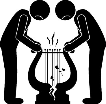 Two people mourning over a broken ancient lyre instrument