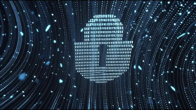 Digital padlock icon formed by binary code, representing cybersecurity and data protection in a futuristic network.