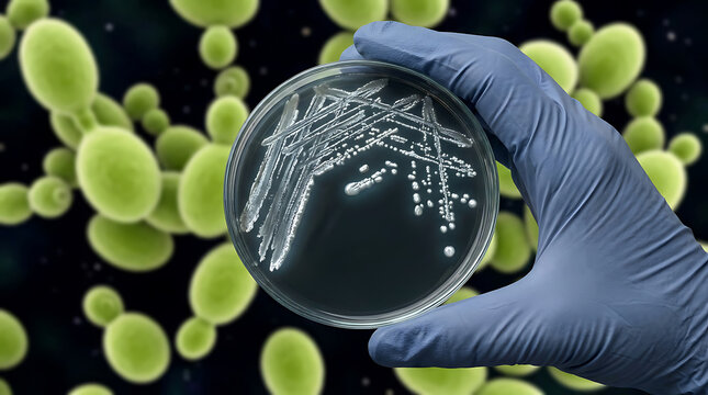 Scientist holding a petri dish with bacterial culture colonies against a background of microscopic green yeast cells, 3d illustration