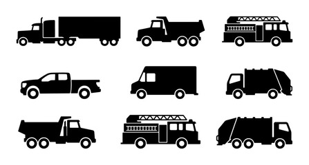 Diverse Truck Silhouettes Collection: Semi, Dump, Fire Engine, Pickup, Van, Garbage Truck Icons © Mohsin
