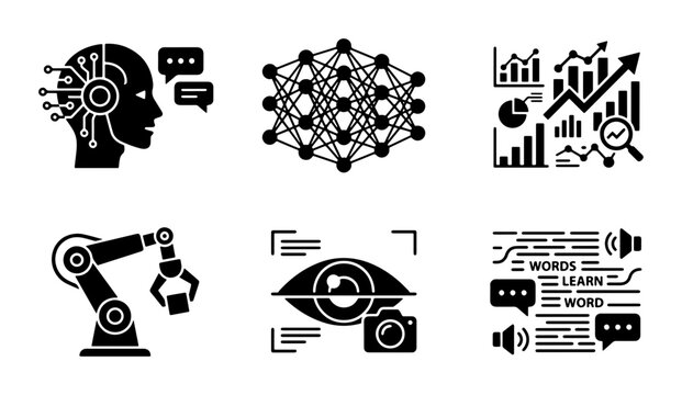 AI and Machine Learning Icons: Neural Network, Robot Arm, Data Analysis, Speech Recognition, Machine Vision, Artificial Intelligence