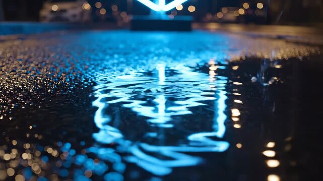 Abstract blue neon light reflection on a wet rainy street surface at night creating a cinematic urban atmosphere