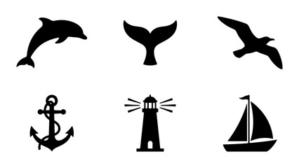 Nautical Icons Set: Dolphin, Whale Tail, Seagull, Anchor, Lighthouse, Sailboat Vector Graphics for Marine Themes © Mohsin