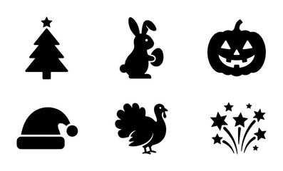 Obraz premium Holiday Icons Collection: Christmas Tree, Easter Bunny, Pumpkin, Santa Hat, Turkey, Fireworks, Seasonal Celebrations