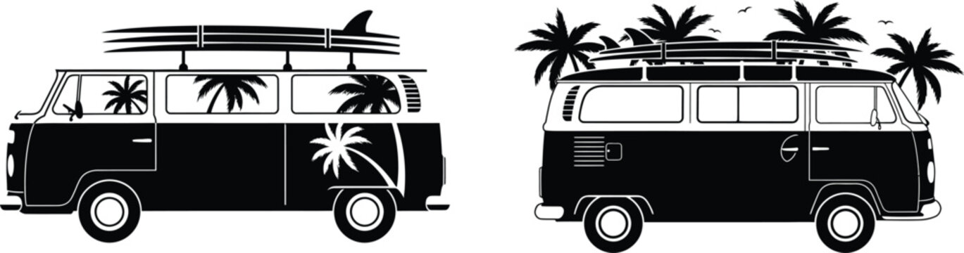 Two vintage surf camper vans with surfboards and palm trees in black silhouette style isolated on transparent background, isolated on white background, Vector