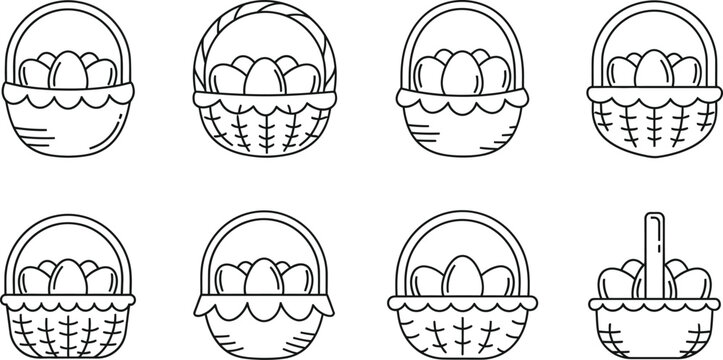 Eight black and white easter egg baskets, various eggs line easter eggs