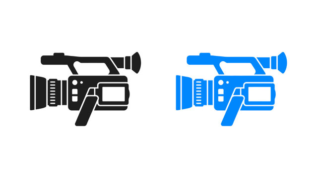 Professional video camera icons set for media and film production in black and blue flat design