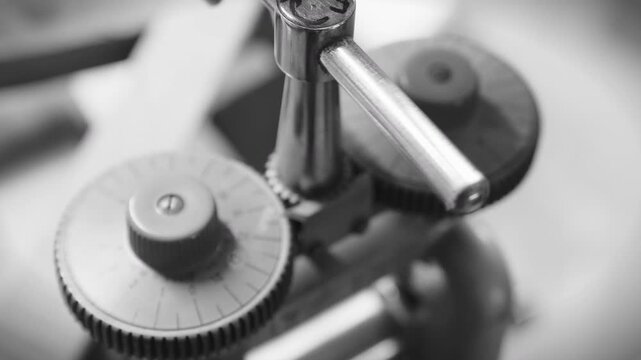 Black and white footage of a hand turning a dial and two gears started to rotate. 