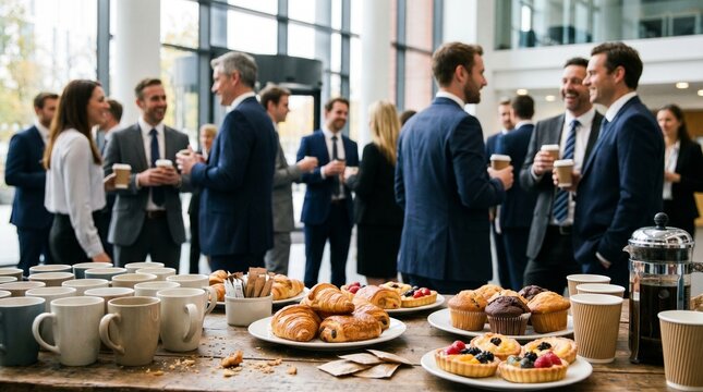 Pausa para el caf&eacute; en una conferencia empresarial. Mesa de catering con tazas y cruasanes en primer plano, con un grupo de profesionales de negocios haciendo networking desenfocados al fondo.