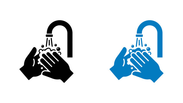 Hand washing icons showing hands being washed with soap and water for hygiene and health prevention in black and blue flat design