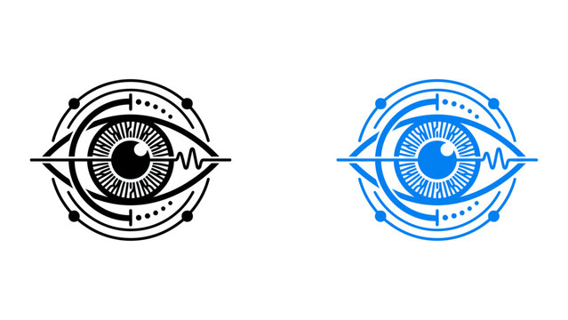 Cybernetic Eye Icons for Biometric Scanning and Artificial Intelligence Technology, Minimalist Vector Design in Black and Blue
