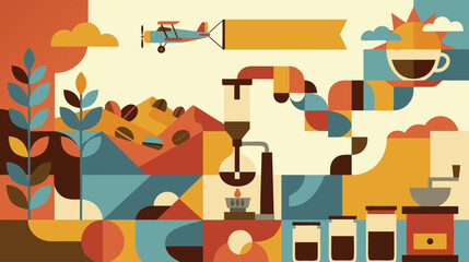 Retro Coffee Landscape Mosaic Illustration with Biplane Banner, Syphon Brewer, Manual Grinder, Abstract Hills, and Coffee Cup Sun © NANDO