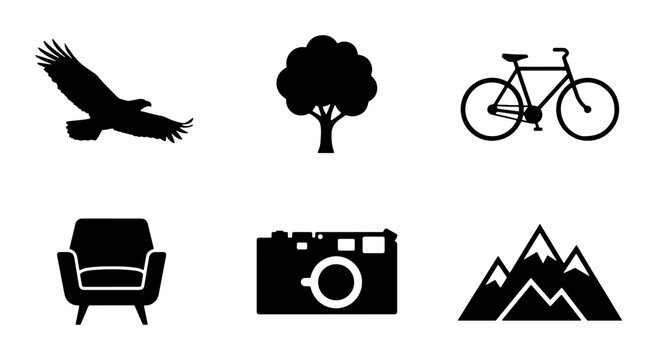 Diverse Vector Icons: Eagle, Tree, Bicycle, Chair, Camera, Mountains, Nature, Travel, Lifestyle