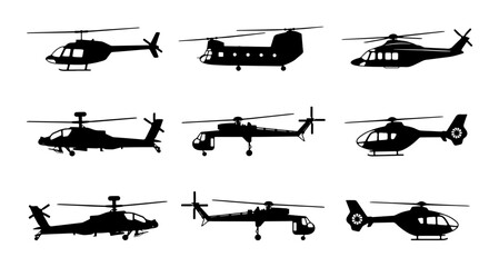 Diverse Helicopter Silhouettes Collection, Military and Civilian Aircraft Icons, Aviation Vector Set for Transport and Technology Concepts © Rony