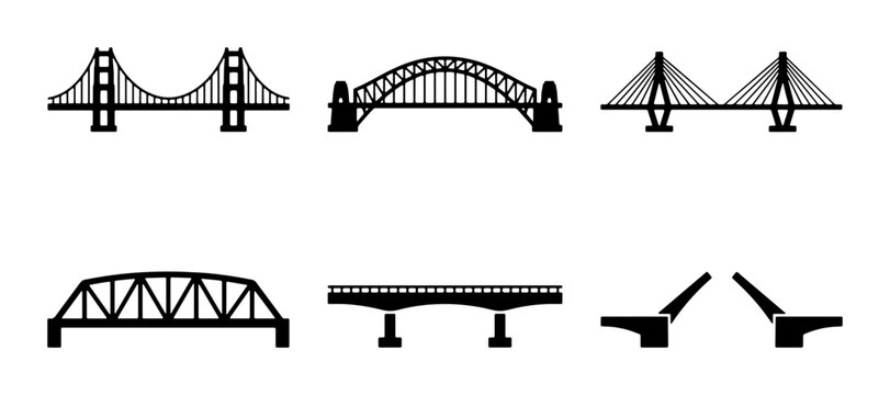 Diverse Bridge Collection: Suspension, Arch, Truss, Cable-Stayed, and Drawbridge Vector Icons for Architecture and Engineering