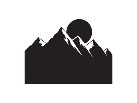 Minimalist black and white graphic illustration featuring a sharp mountain range silhouette set against a large circular sun on white background