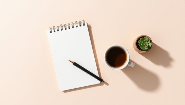 Clean stationery flat lay photography, notebook, pen and coffee cup on neutral beige background, soft natural shadows, modern productivity aesthetic, premium commercial stock image style, minimal edit