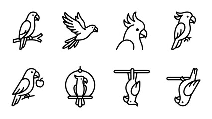 Minimalist Parrot Icons Set, Tropical Bird Vector Graphics, Exotic Avian Illustrations for Wildlife and Pet Themes © Shorna