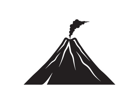 Minimalist black graphic illustration showing a single active volcano with thick smoke rising from the top crater on white background