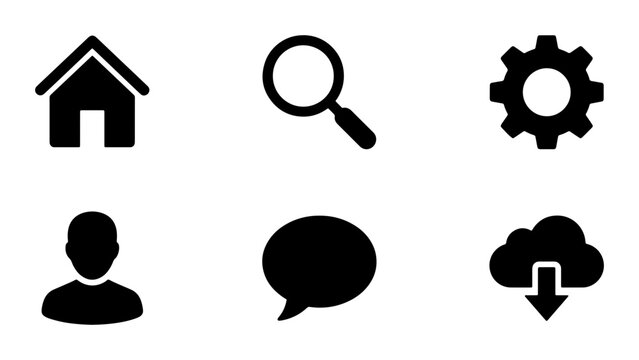 Simple Black UI Icons Set: Home, Search, Settings, User, Chat, Cloud Download, Vector Graphics for Web and App Design