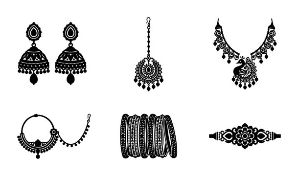 Indian Jewelry Vector Icons Set: Traditional Ornaments, Earrings, Necklace, Bangles, Nose Ring, Maang Tikka, Decorative Elements