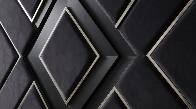 Luxury black leather wall panel with diamond pattern and silver trim