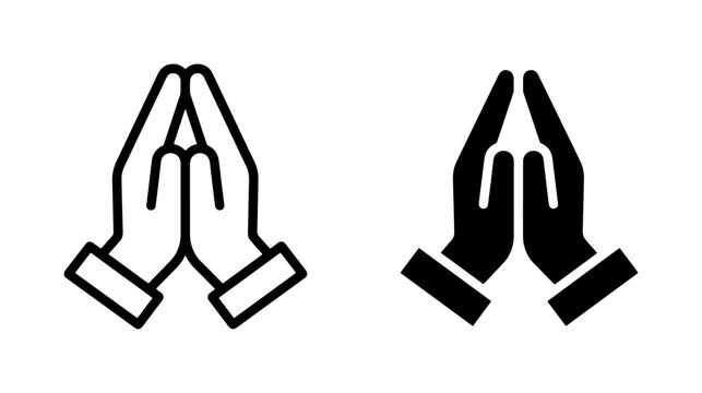 Praying Hands Icon Set, Two Styles: Outline and Solid Black, Symbolizing Faith, Hope, and Gratitude