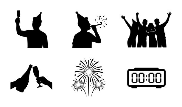 Celebration Icons: Festive Silhouettes of People, Fireworks, Toasting, and Countdown Clock for Party Events