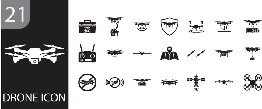 Drone icon set with flycam, delivery, agriculture and aerial photography vector symbols.