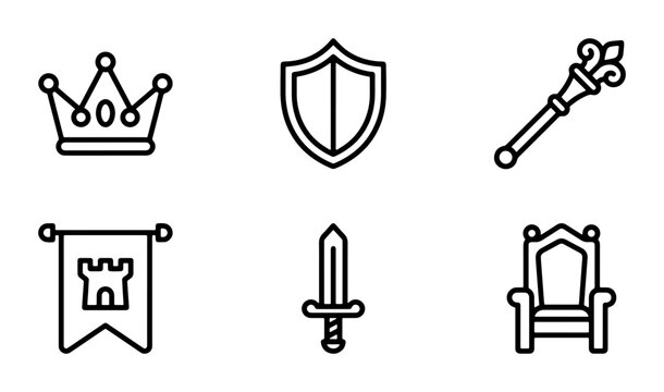 Medieval Royalty Icons Set: Crown, Shield, Scepter, Banner, Sword, Throne, Vector Graphics for Fantasy and History Themes