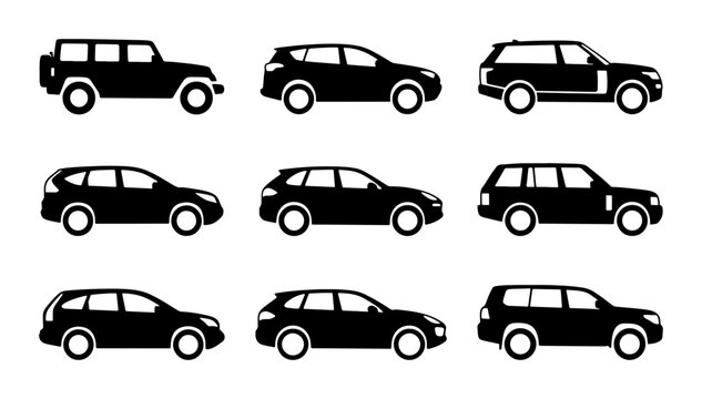 Diverse SUV and Crossover Vehicle Icons, Black Silhouette Set for Automotive Design and Transport Concepts