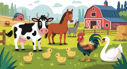 Naklejka premium Modern countryside farm vector illustration with barnyard animals and rural barn isolated background