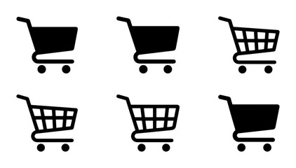 Shopping Cart Icons Set: Black Silhouette Supermarket Trolley Graphics, Retail Purchase Symbols, E-commerce Convenience Vector Collection © Aminul