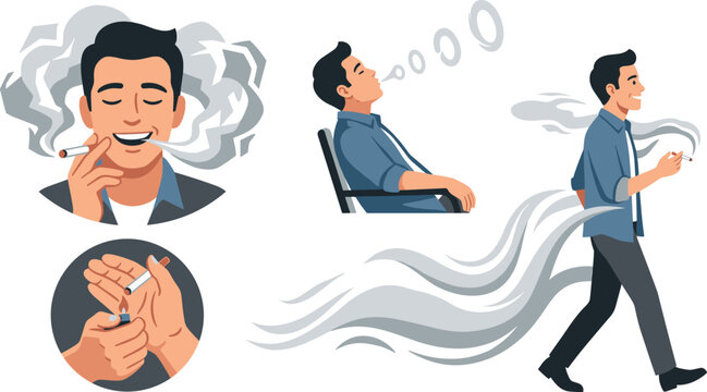 Man Smoking Cigarette Vector Illustration Set Featuring Person Blowing Smoke Rings Lighting Cigarette Walking and Relaxing with Tobacco Clipart for Health and Lifestyle Designs